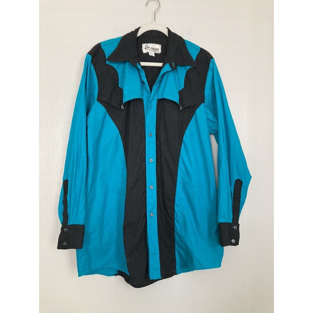 Vintage Gil Adam Western Long Sleeve Shirt Turquoise Black Cotton Size Large